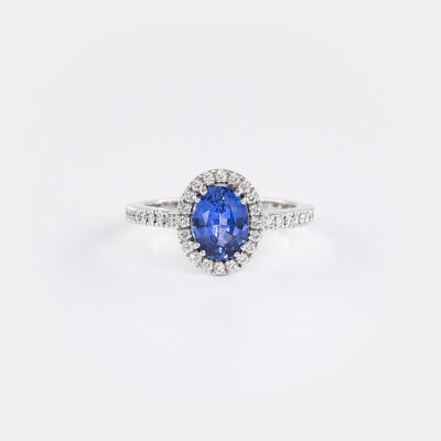 Bague Louis XV or blanc, saphir & diamants 