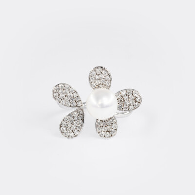 Bague or blanc, diamants & perle  