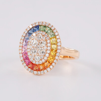 Bague Rainbow Ovale or rose & saphirs multicolores