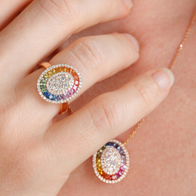 Bague Rainbow Ovale or rose & saphirs multicolores