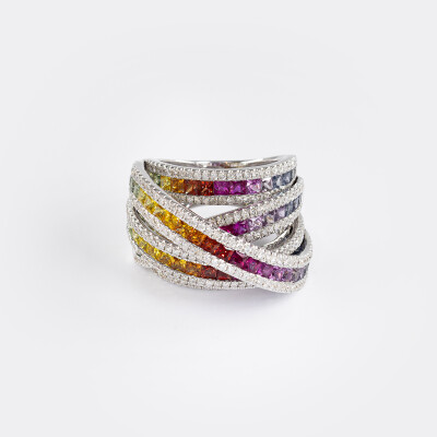 Bague Rainbow 5 arches or blanc & saphirs multicolores