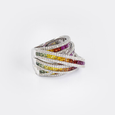 Bague Rainbow 5 arches or blanc & saphirs multicolores