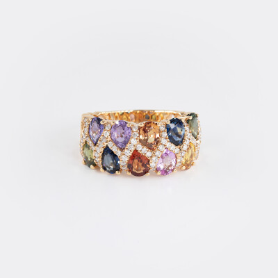 Bague Arlequin or rose & saphirs multicolores 
