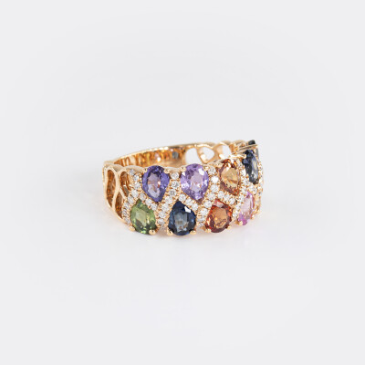 Bague Arlequin or rose & saphirs multicolores