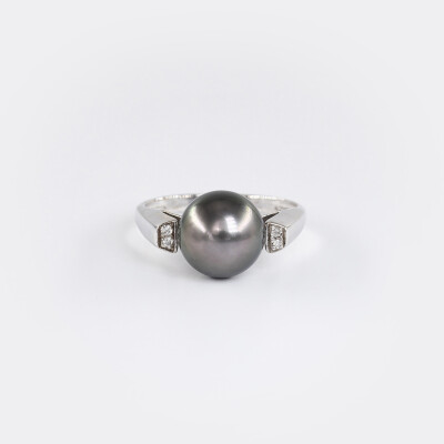 Bague or blanc, diamants & perle Tahiti