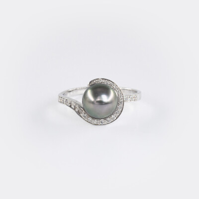 Bague or blanc, diamants & perle Tahiti 