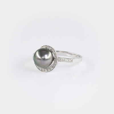 Bague or blanc, diamants & perle Tahiti 