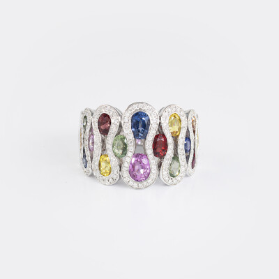 Bague Arlequin or blanc & saphirs multicolores 
