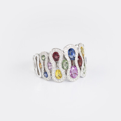 Bague Arlequin or blanc & saphirs multicolores 