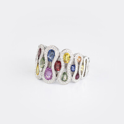 Bague Arlequin or blanc & saphirs multicolores 