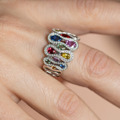 Bague Arlequin or blanc & saphirs multicolores 
