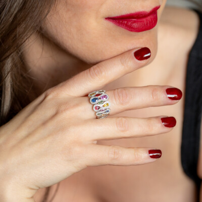 Bague Arlequin or blanc & saphirs multicolores 