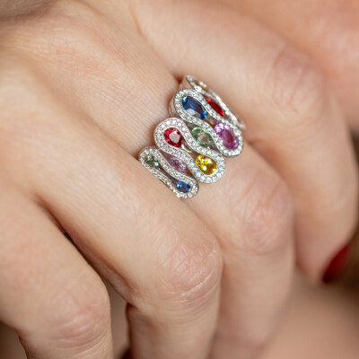 Bague Arlequin or blanc & saphirs multicolores 