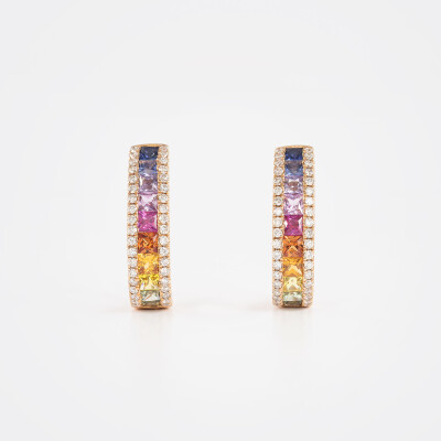 Créoles Rainbow or rose & saphirs multicolores