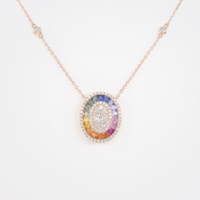 Collier Rainbow Ovale or rose & saphirs multicolores