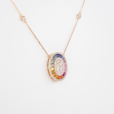Collier Rainbow Ovale or rose & saphirs multicolores