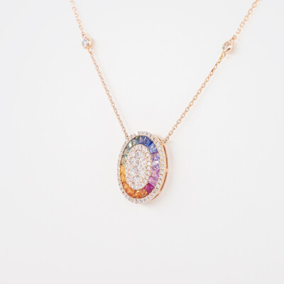Collier Rainbow Ovale or rose & saphirs multicolores