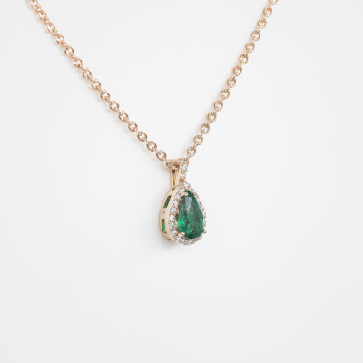 Collier Louis XV or rose, émeraude & diamants 