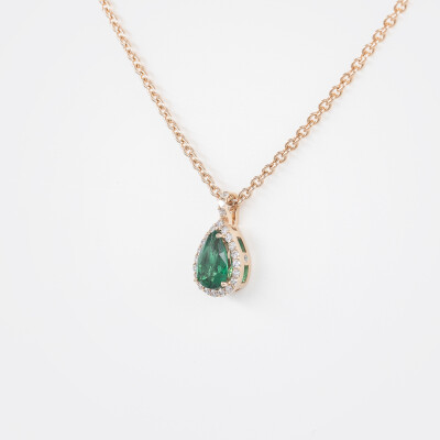 Collier Louis XV or rose, émeraude & diamants 