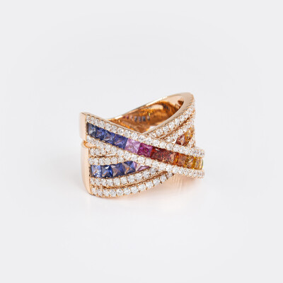 Bague Rainbow 3 arches or rose & saphirs multicolores