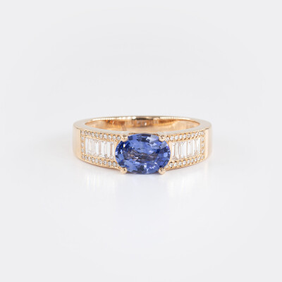 Bague 1930 or rose, saphir & diamants