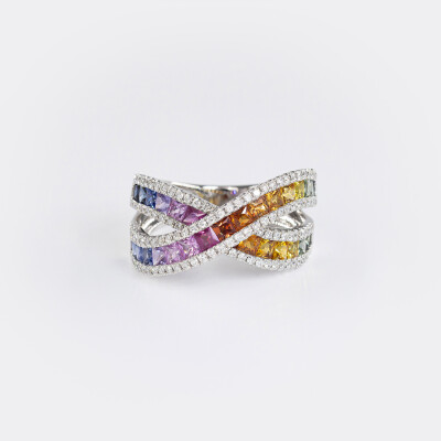 Bague Rainbow liens croisés or blanc & saphirs multicolores