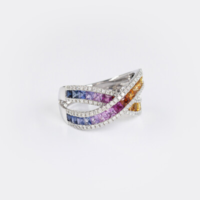 Bague Rainbow liens croisés or blanc & saphirs multicolores
