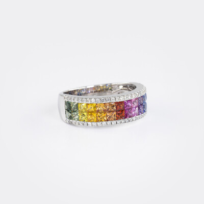 Bague Rainbow double rang or blanc & saphirs multicolores