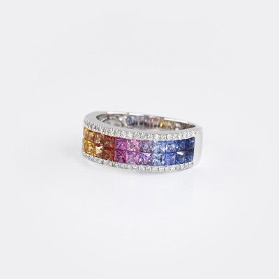 Bague Rainbow double rang or blanc & saphirs multicolores