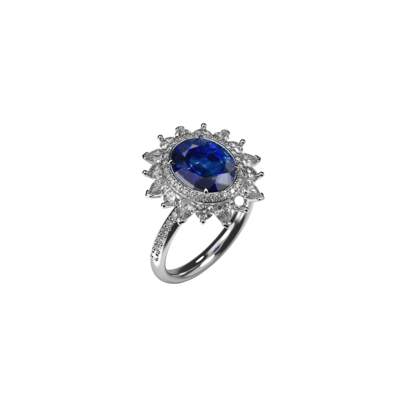 Bague Frojo en or blanc, saphir bleu et diamants, taille 53