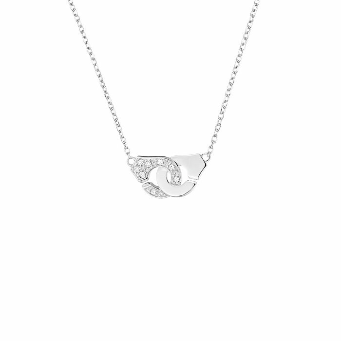 Collier Menottes dinh van chaîne forçat R8 en or blanc et semi-pavé diamants