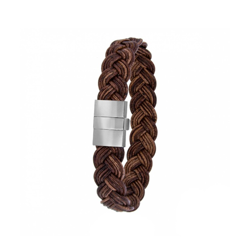 Bracelet Albanu Equus  en acier cuir marron tressé