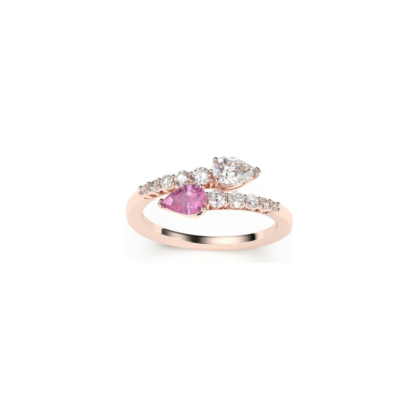 Bague Frojo Toi & Moi en or rose, saphir rose et diamants, taille 53