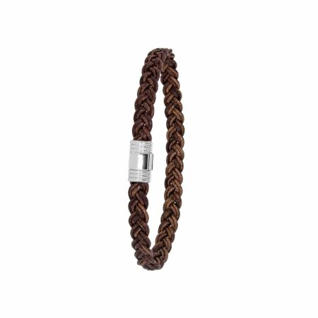 Bracelet Albanu Equus  Kerry en acier et cuir marron tressé