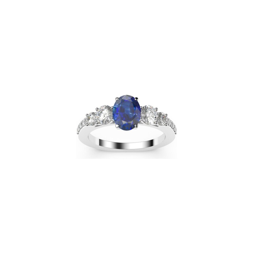 Bague Frojo en or blanc, saphir bleu taille ovale et diamants, taille 53