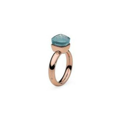 Bague QUDO Firenze en métal doré rose et pierre de couleur aquamarine, taille 58