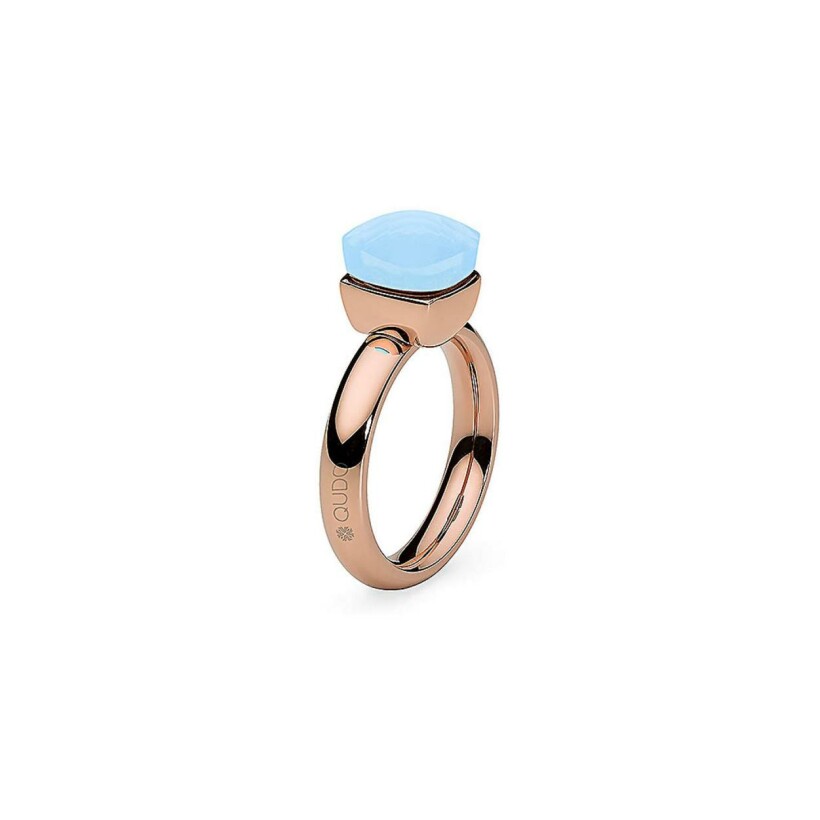 Bague QUDO Firenze en métal doré rose et pierre de couleur light blue opal, taille 54