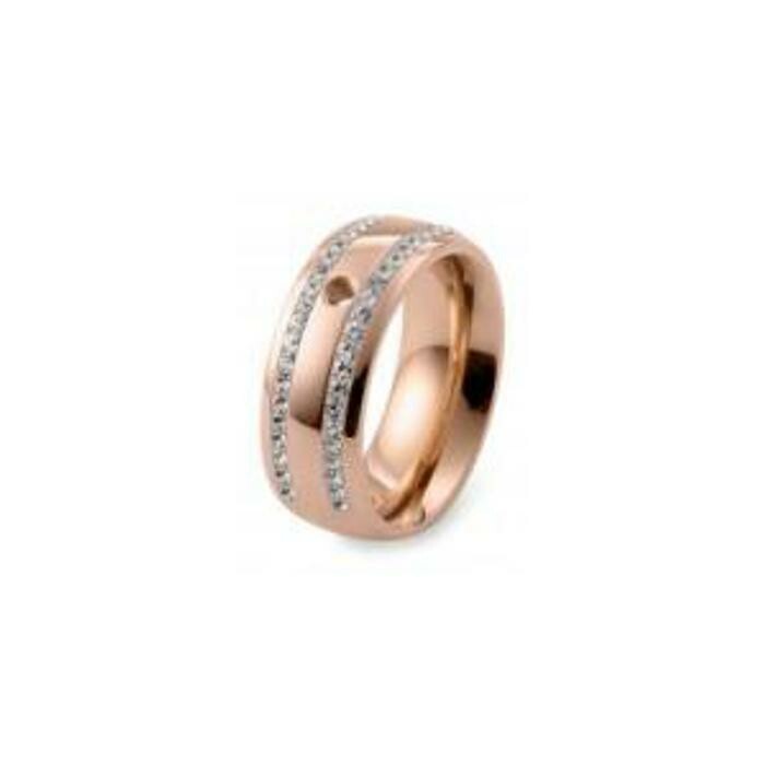 Bague QUDO Lecce en métal doré rose et pierre de couleur crystal, taille 62