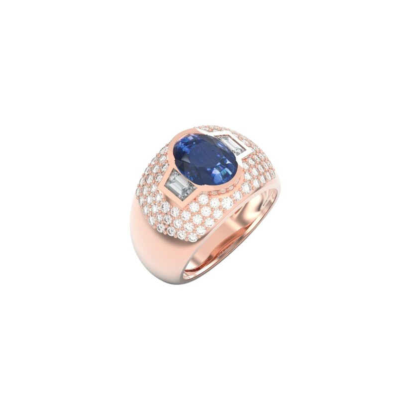 Bague Frojo en or rose, saphir Ceylan bleu et diamants, taille 51