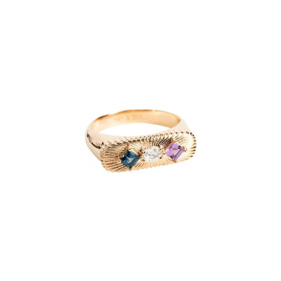 Bague Ana & Cha Aurora en plaqué or, topaze bleue, améthyste verte et topaze Bleu London