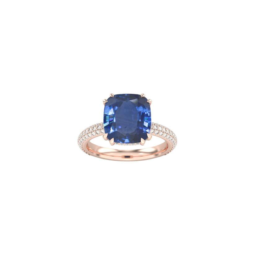 Bague Frojo en or rose, saphir Ceylan bleu coussin et diamants, taille 52