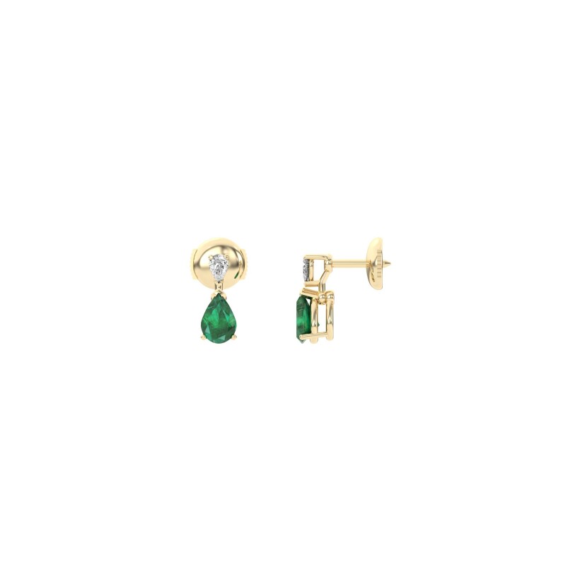 Boucles d'oreilles puces Frojo en or jaune, émeraude poire et diamants poires