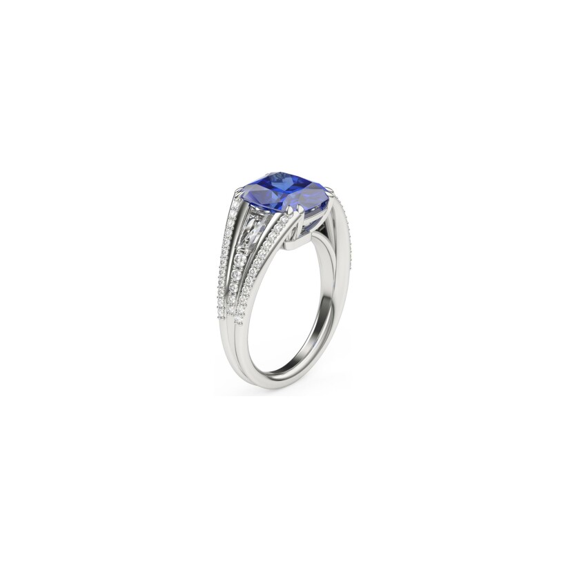 Bague Frojo en or blanc, saphir Ceylan bleu ovale et diamants, taille 53