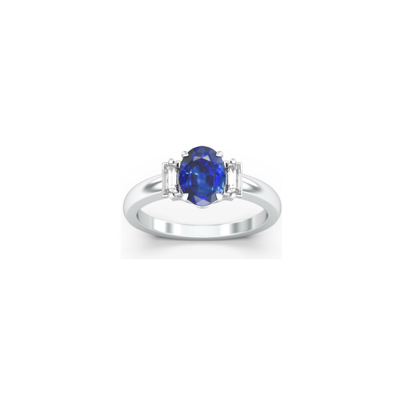 Bague Frojo en or blanc, saphir bleu ovale et diamants, taille 51