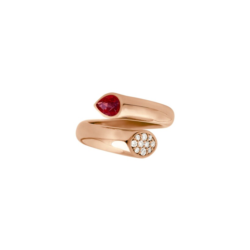 Bague Frojo Toi & Moi en or rose, rubis poire et diamants, taille 53