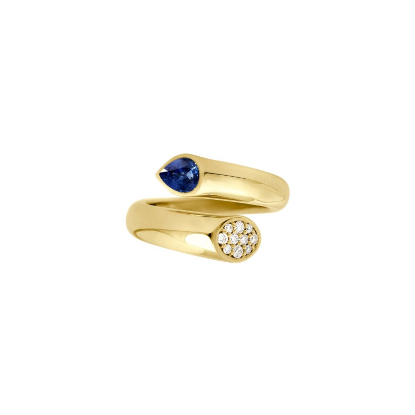 Bague Frojo Toi & Moi en or jaune, saphir poire et diamants, taille 51