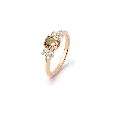 Bague en or rose, taille 53 avec diamant cognac de 1 ct et 0,10 ct de diamants blancs