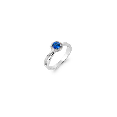 Bague en argent rhodié, oxydes de zirconium et pierre synthétique