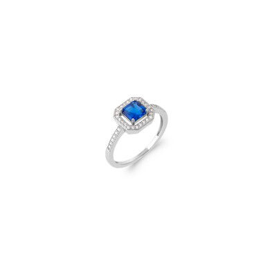 Bague en argent rhodié, oxydes de zirconium et pierre synthétique
