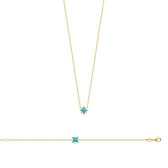 Collier en plaqué or, oxydes de zirconium et pierre synthétique, 45cm